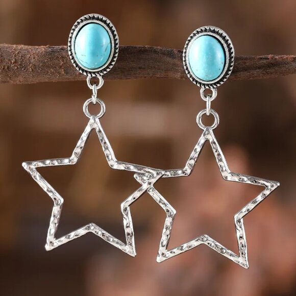 Private Label Jewelry - NEW Texas Hammered Silver Lone Star and Turquoise Stone Drop Earrings